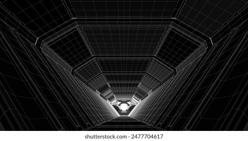 Futuristic low poly sci-fi laboratory or spaceship corridor with neon light. Vector illustration