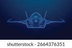 Futuristic low poly wireframe fighter jet in holographic style, glowing with blue neon lines on dark background. Sci-fi aviation and military technology concept. vector eps10
