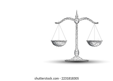 Futuristic low polygonal weighing scales symbol made of lines and dots isolated on white background. Justice, law, balance concept. Modern abstract design vector illustration