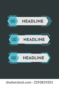 Futuristic lower third banner design with hexagonal logo placeholder and bold headline text, featuring blue and white color scheme on a dark background.