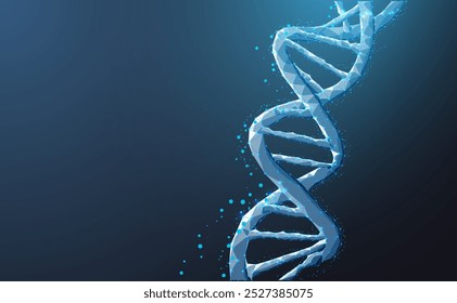 Ilustração da hélice do DNA 3D futurista de baixa polarização, simbolizando genética, biotecnologia e pesquisa científica. Estrutura poligonal abstrata que representa a biologia molecular e os avanços médicos.