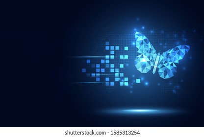 Futuristic lowpoly blue Butterfly abstract technology background. Artificial intelligence and Vitual reality concept. Business digital transformation and quantum internet network speed evolution theme