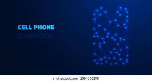 Futuristic Low-Poly Cell Phone on Blue Background with Geometric Shapes, Digital Wireframe Design, and Tech-Inspired Abstract Elements for Modern Aesthetics