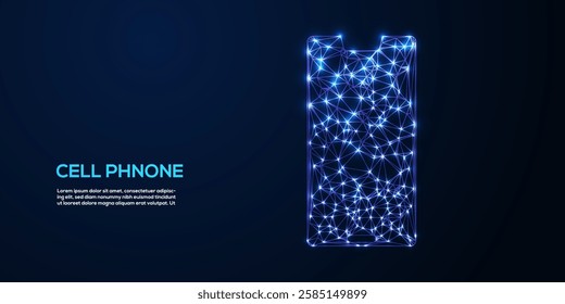 Futuristic Low-Poly Cell Phone on Blue Background with Geometric Shapes, Digital Wireframe Design, and Tech-Inspired Abstract Elements for Modern Aesthetics