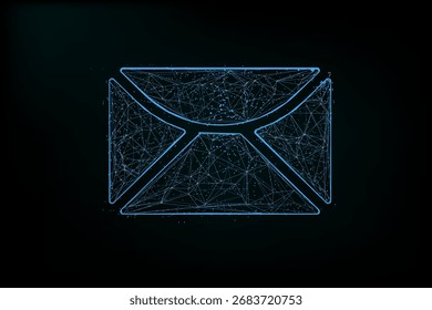 Ein futuristisches Low-Poly-E-Mail-Symbol mit leuchtend blauen digitalen Linien und Punkten, die die Form eines Umschlags mit einem Symbol bilden