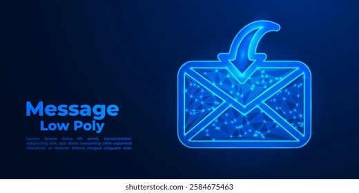 Futuristic Low-Poly E-Mail Icon on Blue Background with Digital Wireframe Design, Geometric Shapes, and Tech-Inspired Abstract Elements for Modern Aesthetics