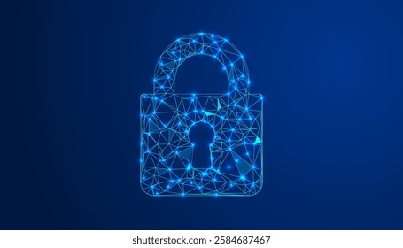 Futuristic Low-Poly Lock Icon on Blue Background with Digital Wireframe Design, Geometric Shapes, and Tech-Inspired Abstract Elements for Modern Aesthetics