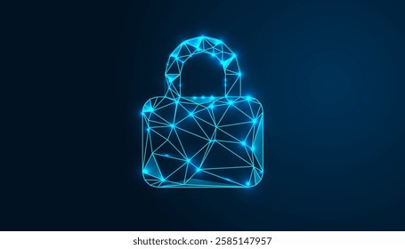 Futuristic Low-Poly Lock Icon on Blue Background with Digital Wireframe Design, Geometric Shapes, and Tech-Inspired Abstract Elements for Modern Aesthetics