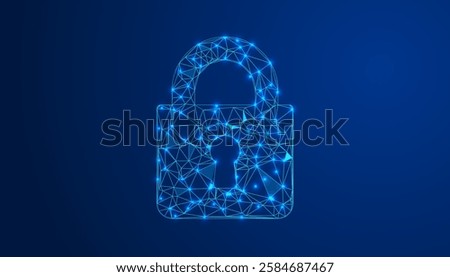 Futuristic Low-Poly Lock Icon on Blue Background with Digital Wireframe Design, Geometric Shapes, and Tech-Inspired Abstract Elements for Modern Aesthetics