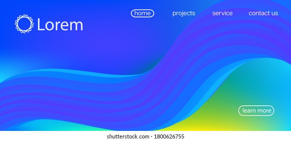 Futuristic Lucid Gradient Wallpaper. Landing Page, Yellow, Blue Background. Funky Liquid Wave Banner. Neon Color Website Layout. 3d Fluid Vivid Vector Background. Dynamic Movement Modern Wave.