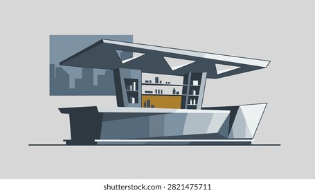 Futuristic luxury bar counter with a geometric roof and backlit shelves, illustrated in a clean vector style.