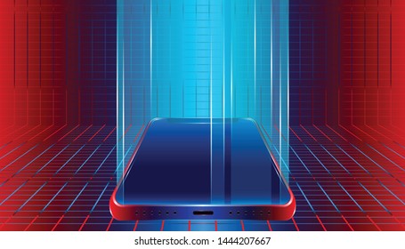 futuristic luxury smartphone lighting for show or display your product and items. mobile blank stand design with plaid industry colorful background style. vector illustration eps10