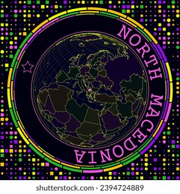 Futuristic Macedonia on globe. Bright neon satellite view of the world centered on Macedonia. Geographical illustration with shape of country and geometric background. Powerful vector illustration.