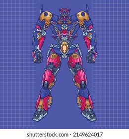 Futuristic machine giant mecha robot builded by head arm body leg weapon illustration premium vector perfect for design