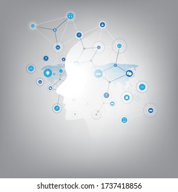 Futuristic Machine Learning, Artificial Intelligence, Cloud Computing and Networks Design Concept with Human or Robot Face, Icons, World Map and Polygonal Network Mesh
