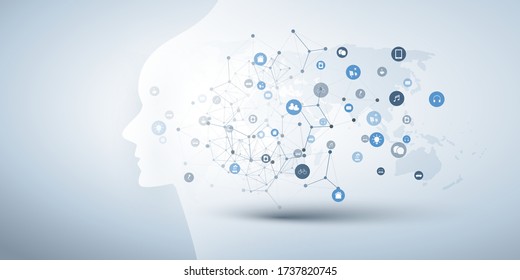 Futuristic Machine Learning, Artificial Intelligence, Cloud Computing and Networks Design Concept with Human or Robot Face, Icons, World Map and Polygonal Network Mesh
