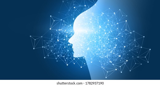 Futuristic Machine Learning, Artificial Intelligence, Cloud Computing, Automated Support Assistance and Networks Design Concept with Robot or Human Face Silhouette and Wireframe Pattern