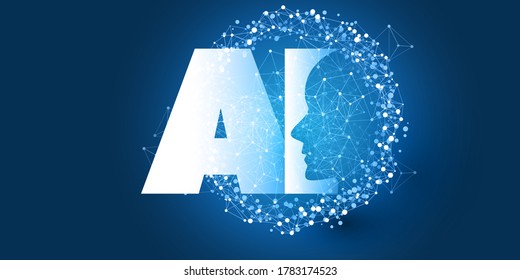 Futuristic Machine Learning, Artificial Intelligence, Cloud Computing, Automated Support Assistance and Networks Design Concept with AI Label and Wireframe Network