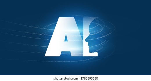 Futuristic Machine Learning, Artificial Intelligence, Cloud Computing, Automated Support Assistance and Networks Design Concept with AI Label and Digital Binary Data Pattern