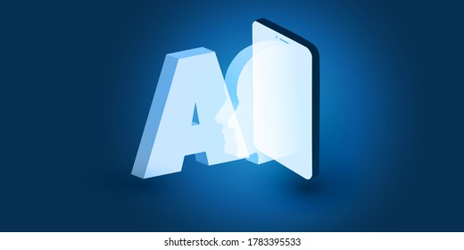 Futuristic Machine Learning, Artificial Intelligence, Cloud Computing, Automated Support Assistance and Networks Design Concept with 3D AI Label, Robot or Human Face Silhouette and Smart Phone