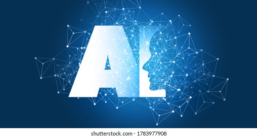 Futuristic Machine Learning, Artificial Intelligence, Cloud Computing, Automated Support Assistance and Networks Design Concept with AI Label and Wireframe Network