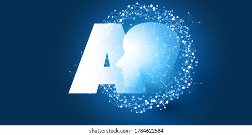 Futuristic Machine Learning, Artificial Intelligence, Cloud Computing, Automated Support Assistance and Networks Design Concept with AI Label and Wireframe Network