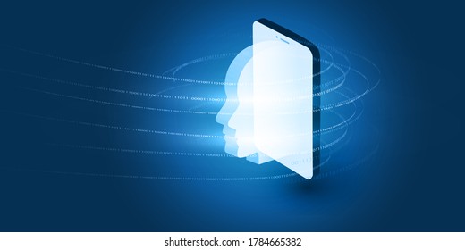 Futuristic Machine Learning, Artificial Intelligence, Cloud Computing, Automated Support Assistance and Networks Design Concept with 3D Robot or Human Face Silhouette and Mobile Phone