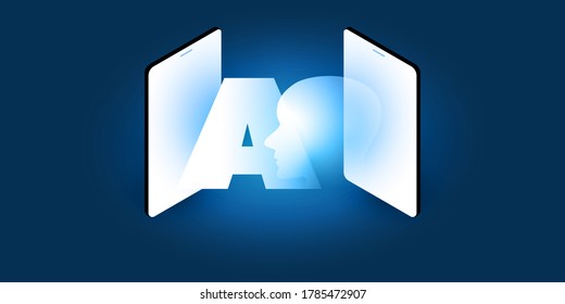 Futuristic Machine Learning, Artificial Intelligence, Cloud Computing, Automated Support Assistance and Networks Design Concept with Isometric AI Label, Robot or Human Face Silhouette and Smart Phone