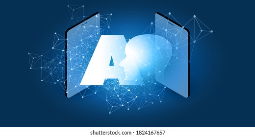 Futuristic Machine Learning, Artificial Intelligence, Cloud Computing, Automated Support Assistance and Networks Design Concept with Isometric AI Label, Robot or Human Face Silhouette and Smart Phones