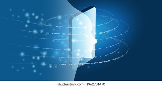 Futuristic Machine Learning, Artificial Intelligence, Cloud Computing, Automated Support Assistance and Networks Design Concept with 3D Robot or Human Face Silhouette and Mobile Phone