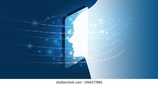 Futuristic Machine Learning, Artificial Intelligence, Cloud Computing, Automated Support Assistance and Networks Design Concept with 3D Robot or Human Face Silhouette and Mobile Phone