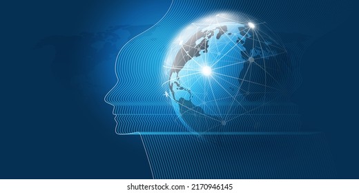 Futuristic Machine Learning, Artificial Intelligence, Cloud Computing and Networks Design Concept with Earth Globe, Geometric Network Mesh and Human or Robot Profile Face Silhouette