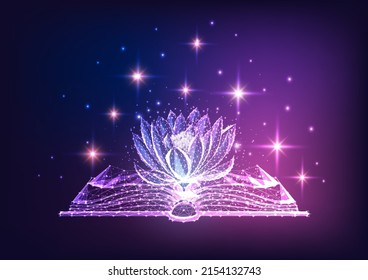 Futuristic magic, mysterious story concept with glowing open book and lotus flowers and stars