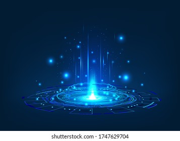 Futuristic or magic portal with glow effect. Circle digital hologram, Sci-fi teleport for UI, GUI, HUD and presentation with light. Magic circle podium. Virtual reality projector. Vector illustration