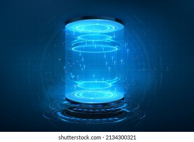 Futuristic or magic portal with glow effect. Blank display, stage or podium for show product in futuristic cyberpunk style.  Circle Sci-fi elements with light and lights. Vector illustration