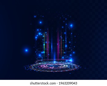 Futuristic and magic portal. Futuristic scene with neon and light effects. Digital circle portal or futuristic hologram. Scifi digital podium or magic teleport for UI, GUI, VR. Vector illustration