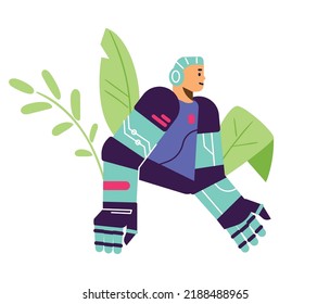 Futuristic male cyborg on background with plants - flat vector illustration isolated on white. Cartoon character of human robot. Artificial intelligence concept.