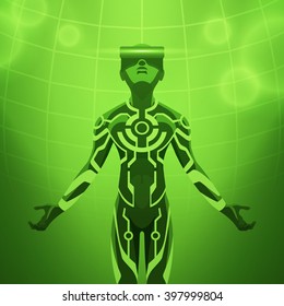 Futuristic male figure in the VR headset. Vector concept illustration