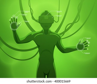 Futuristic male figure in the VR headset. Vector concept illustration