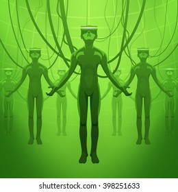 Futuristic male figures in the VR headsets. Vector concept illustration