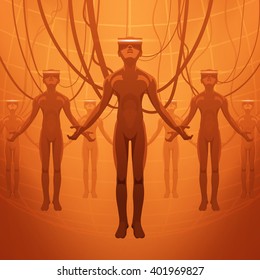 Futuristic male figures in the VR headsets. Vector concept illustration