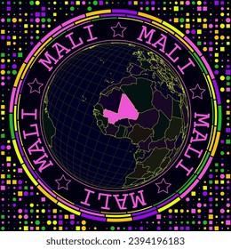 Mali futurista en el mundo. La vista satelital brillante del mundo se centró en Mali. Ilustración geográfica con forma de campo y fondo geométrico. Ilustración vectorial limpia.