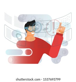 Futuristic man in glasses and a red sweater interacts with a data on transparent interactive screen. Flat cartoon vector Illustration. Icon for the website, application. - Powered by Shutterstock - Get 15% off with code: PIKWIZARD15