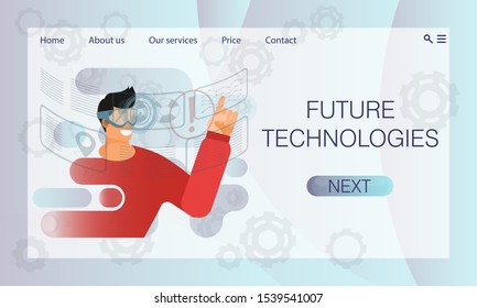 Futuristic man in glasses and red sweater interacts with data on transparent interactive screen. Website concept, landing page design template. Icon, illustration for the website. Flat cartoon vector