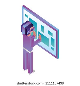 futuristic man with glasses virtual reality and screen isometric avatar