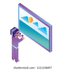 futuristic man with glasses virtual reality and screen isometric avatar