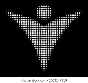 Futuristic man halftone vector icon. Illustration style is pixelated iconic futuristic man symbol on a black background. Halftone structure is made from round cells.