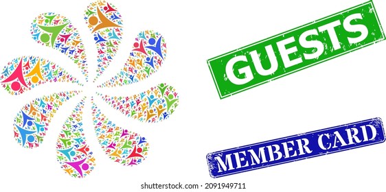 Futuristic man icon colored centrifugal cluster turbine salute shape, and distress Guests stamp seal. Blue Member Card and green Guests rectangle grunge seal stamps.