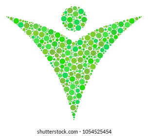 Futuristic Man mosaic of dots in various sizes and fresh green color tints. Vector circle elements are united into futuristic man illustration. Ecology design concept.