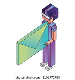 futuristic man with reality virtual mask and envelope isometric